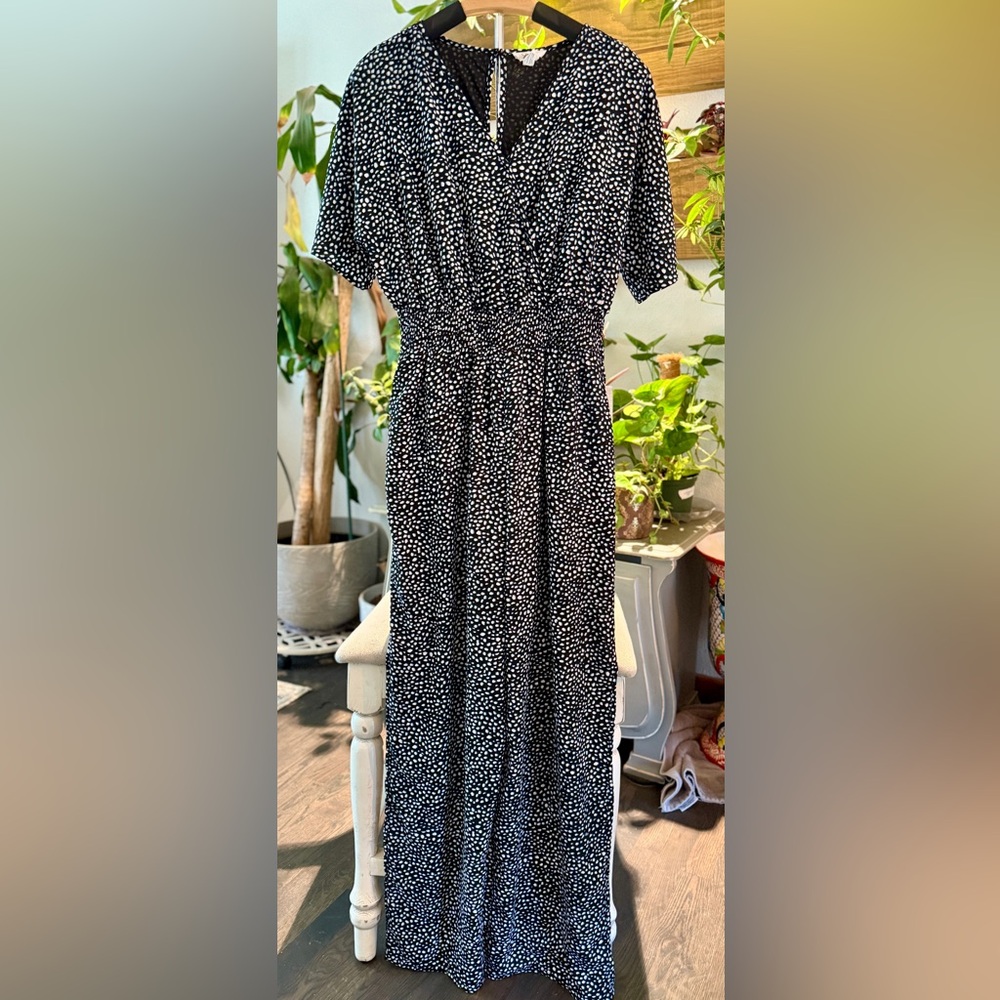 Japna Jumpsuit Black Blue White Ditsy Spot/Polka Dot Large Pockets Keyhole Back
